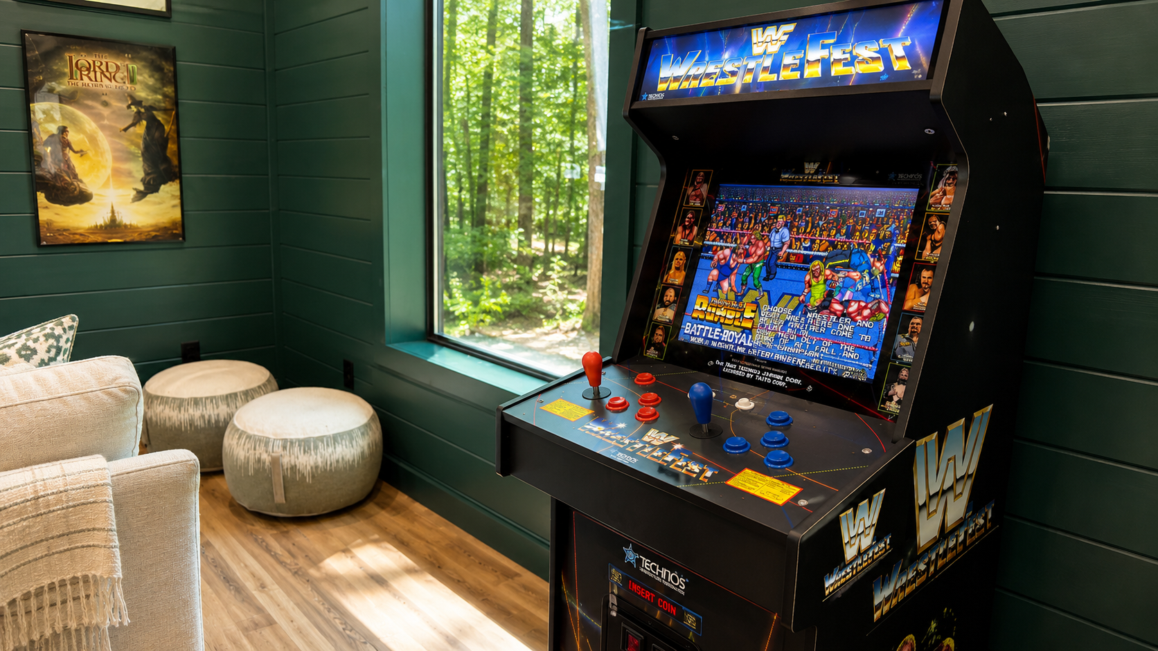Game Room: Enjoy nostalgic gaming with a retro arcade cabinet and serene forest views!