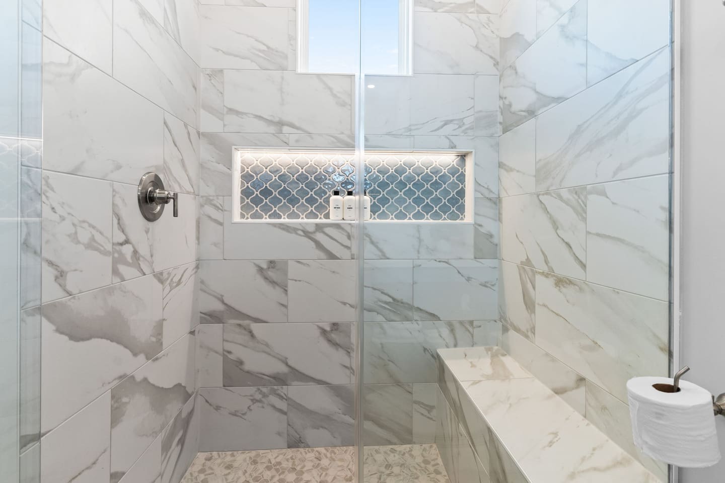 King suites each include a luxurious tiled shower with spa-like rain shower heads & built-in lighted niches with plenty of space for your favorite products. For your convenience, shampoo, conditioner, and body wash are provided. 