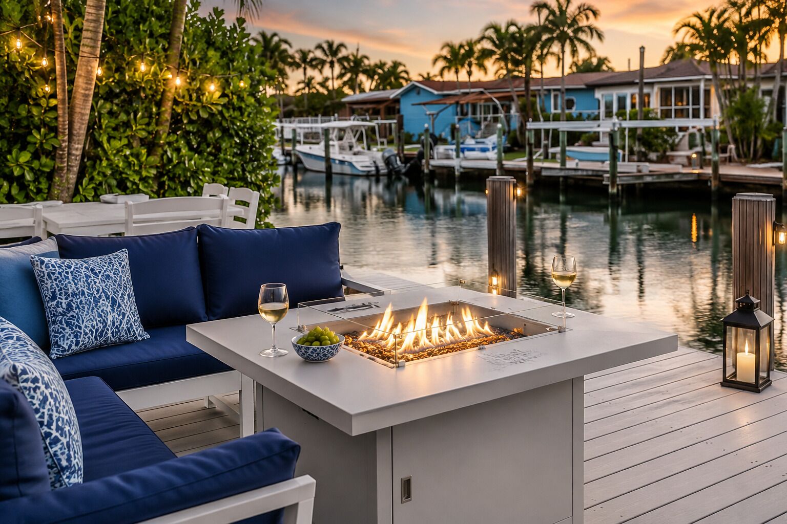 Waterfront deck with fire table, comfortable lounge seating, and peaceful canal views—perfect for relaxing at sunset.