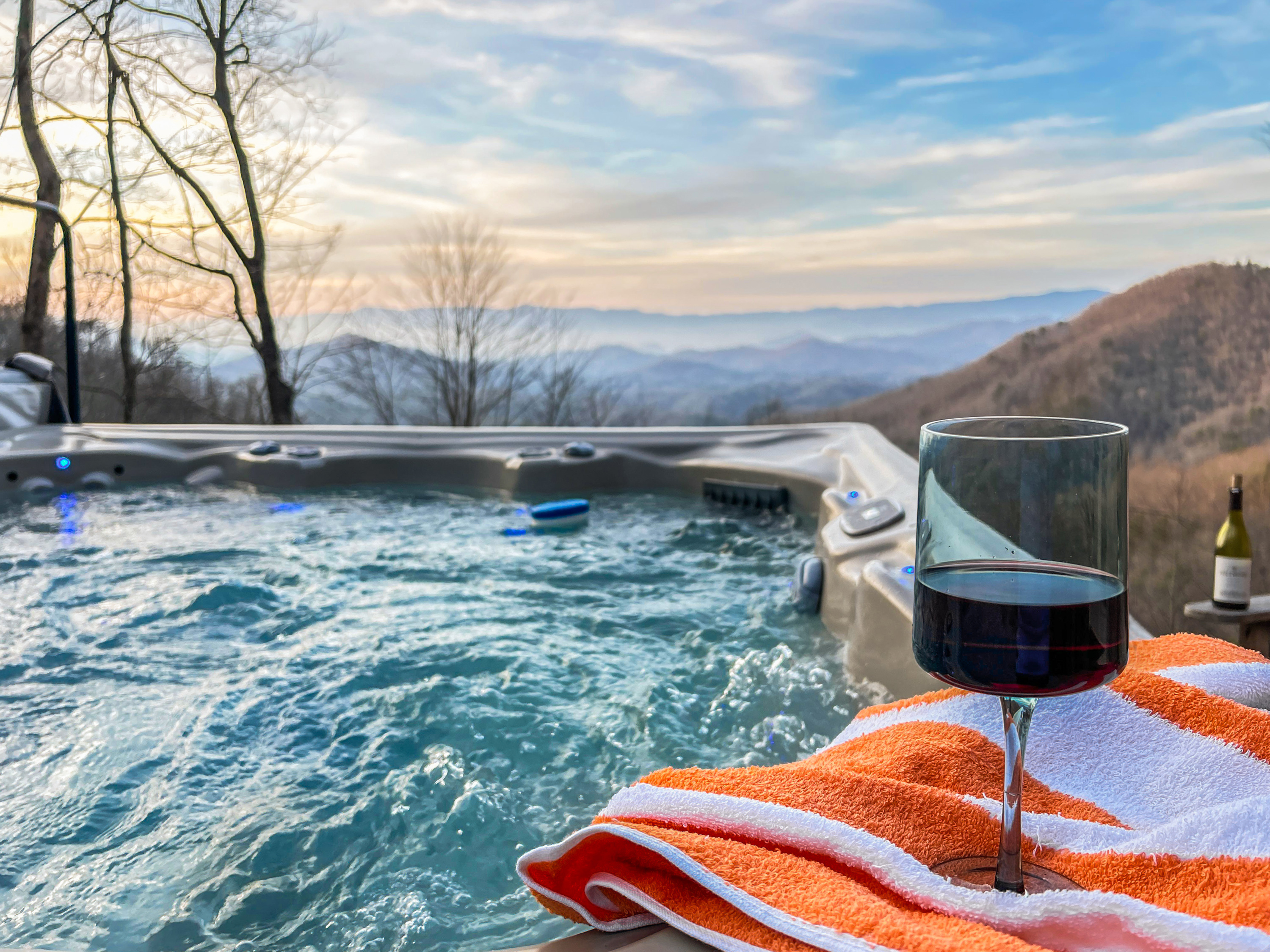 A nice glass of wine as you unwind in the hot tub. 