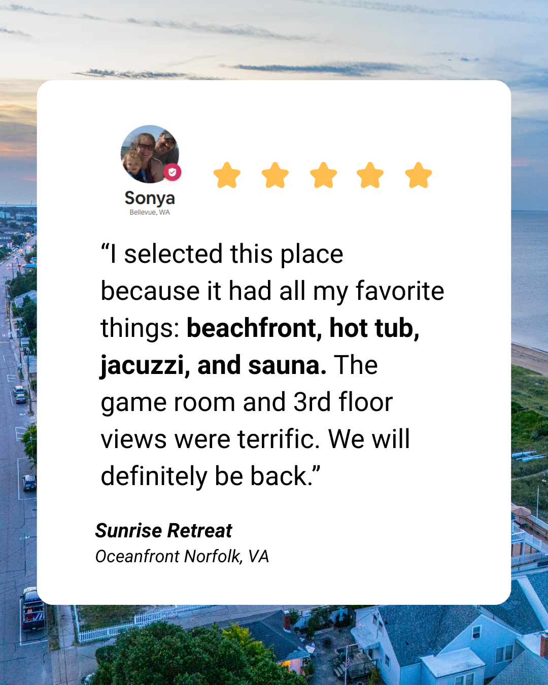 Here is a review from a recent group that stayed at our home