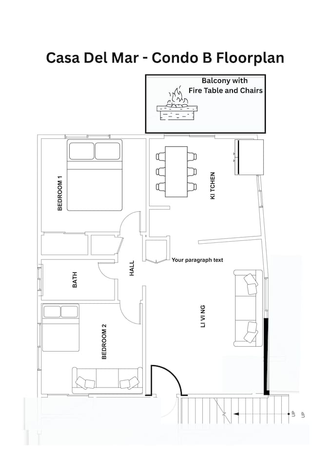 Here is the 2-bedroom / 1 bathroom floorplan