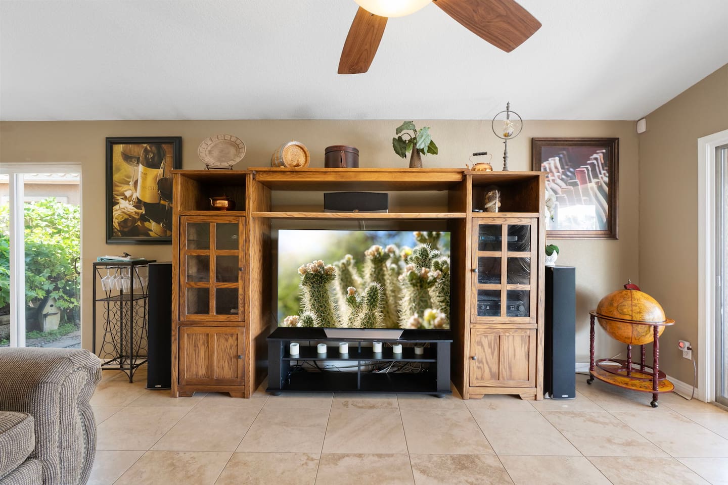 Kick back and stream your favorites on the large flat-screen TV, surrounded by a charming rustic entertainment center and Southwest-inspired décor.