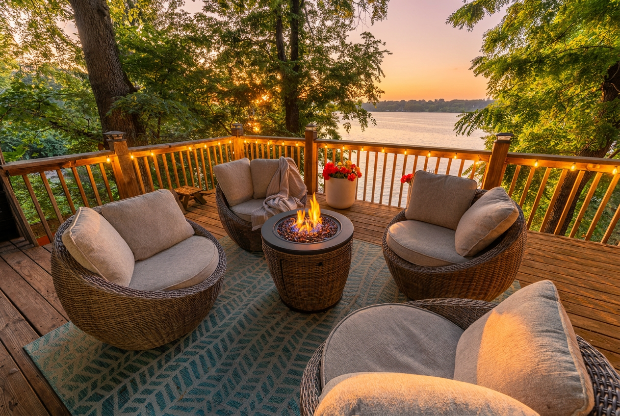 The elevated lounge area at The Ridge is a cozy place to relax and enjoy the lake views