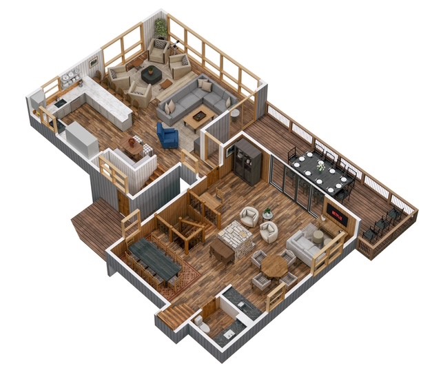 Third Floor / Top Floor Layout: Entry-level floor accessed from the front door, featuring the spacious Fisherman’s Room with three queen beds, a full bathroom, and a laundry room—great for kids, teens, or longer stays.