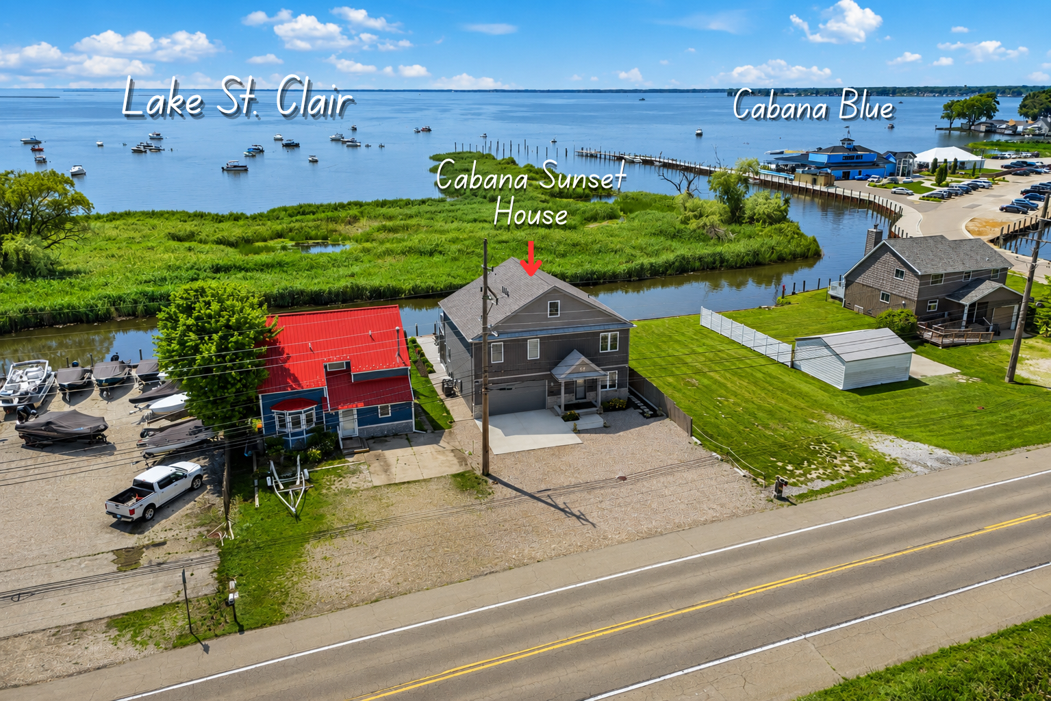 Stay in the heart of Lake St. Clair's boating scene! This waterfront home is next to Cabana Blue, a favorite waterfront restaurant and bar, with easy lake access, nearby marinas, fishing, boating, dining, and beautiful water views.