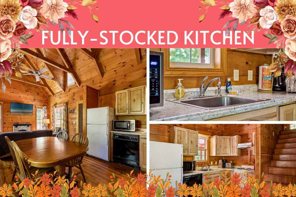 Fully-stocked kitchen with rustic charm—cook, sip, or snack in comfort.