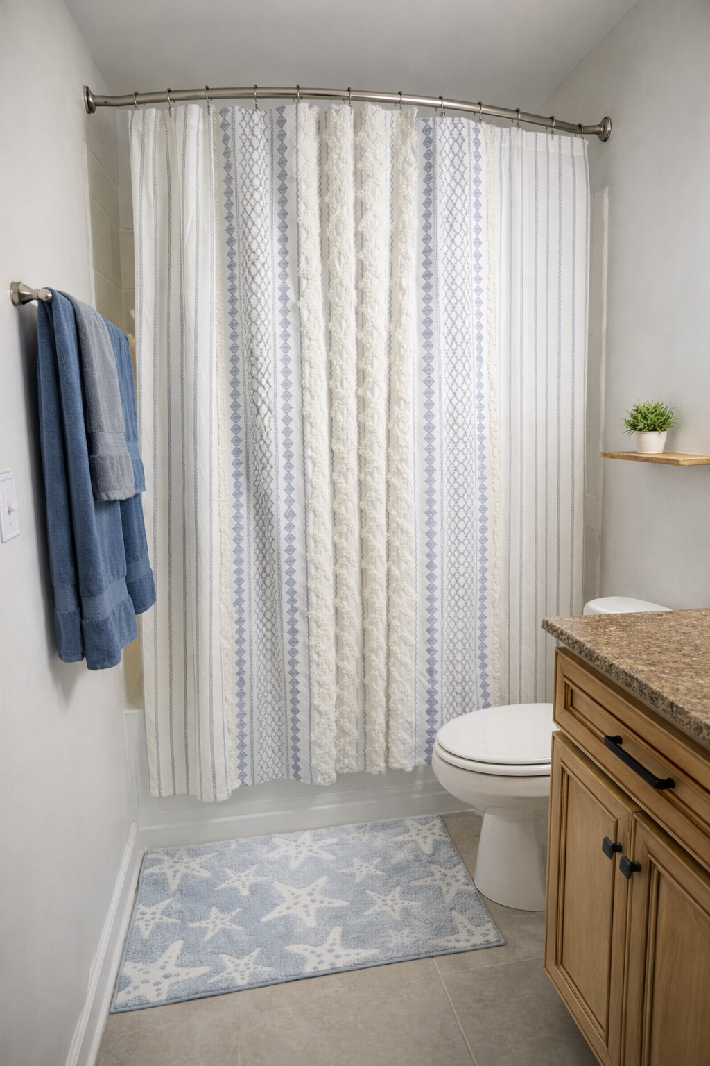 Bright, clean bathroom with full tub/shower