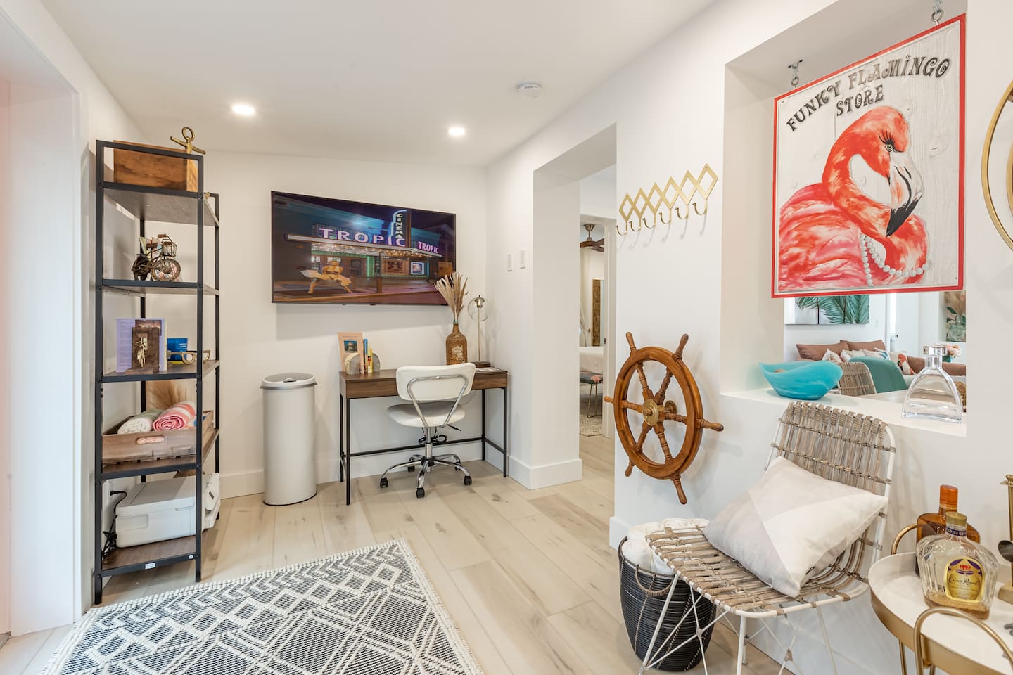 Entry Nook: Bright workspace with tropical flair and playful decor invites relaxation and creativity!