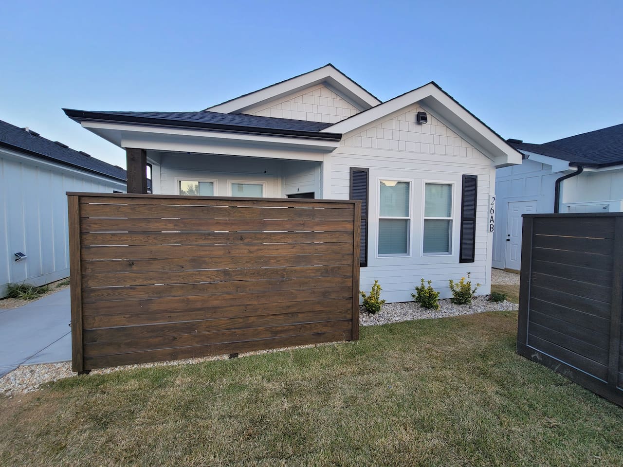 Unit is all one level and the patio has a privacy screen.  