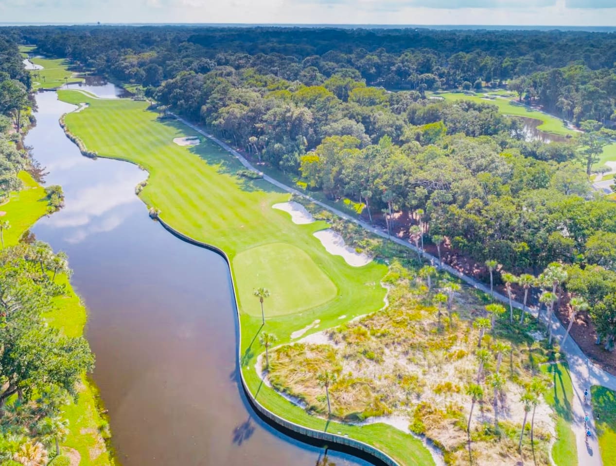Golf course and lagoon from above