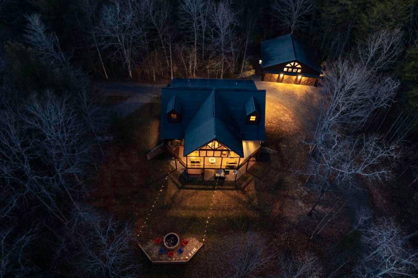 Experience stunning aerial views of the cabin with a drone capture.