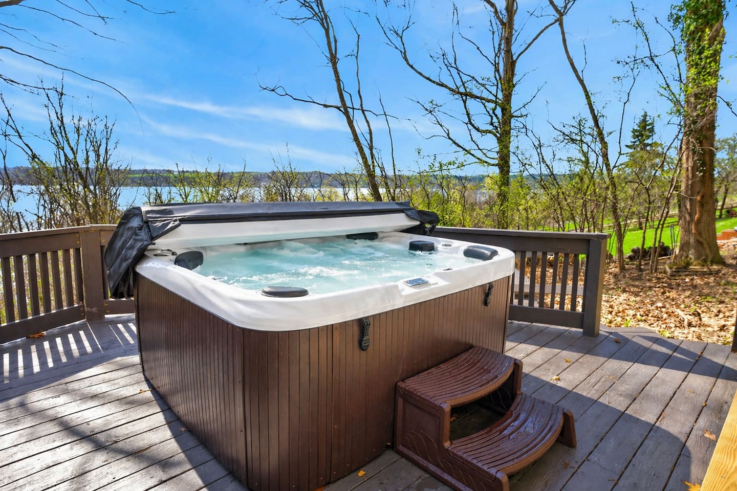 Relax in your private hot tub with beautiful Canandaigua Lake views—soak in warm bubbling water surrounded by nature, fresh air, and peaceful scenery, perfect for unwinding after a day of exploring or enjoying a quiet morning retreat