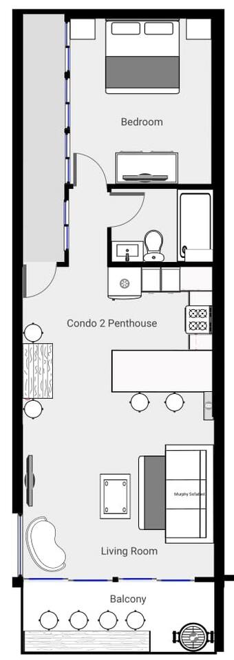 Condo 2 floorplan with King bed in the bedroom and a king murphy sofabed (real mattress) in the living room