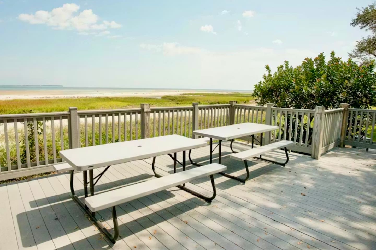 Picnic tables by the sound