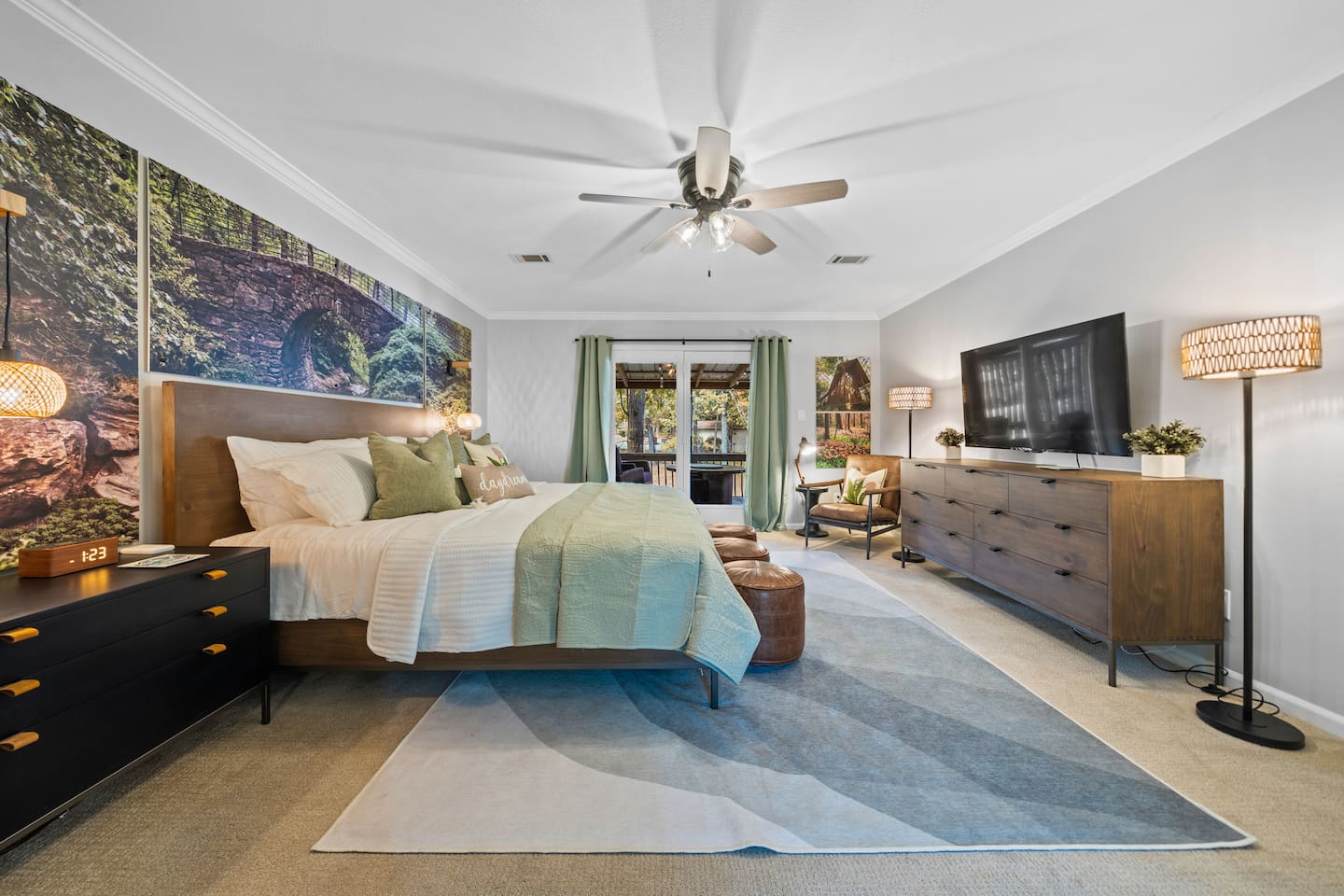 This King Bedroom features an Ensuite Bath. The Patio Doors lead to the Deck.