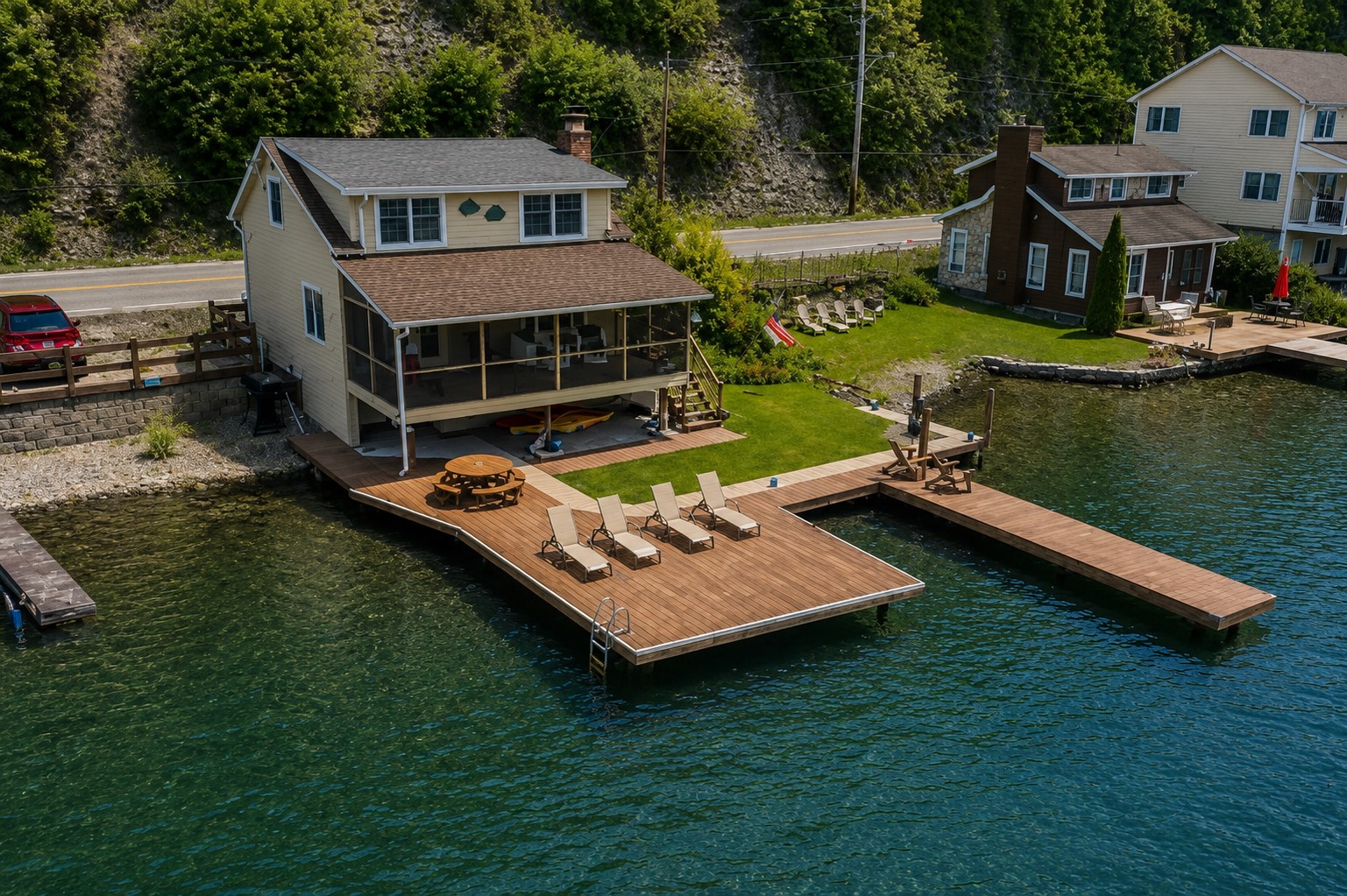 Nestled at the edge of a serene lake, this charming dock features a row of inviting, comfortable chairs, perfect for relaxing and enjoying the peaceful surroundings. The chairs, crafted from weather-resistant materials, are designed for comfort with 