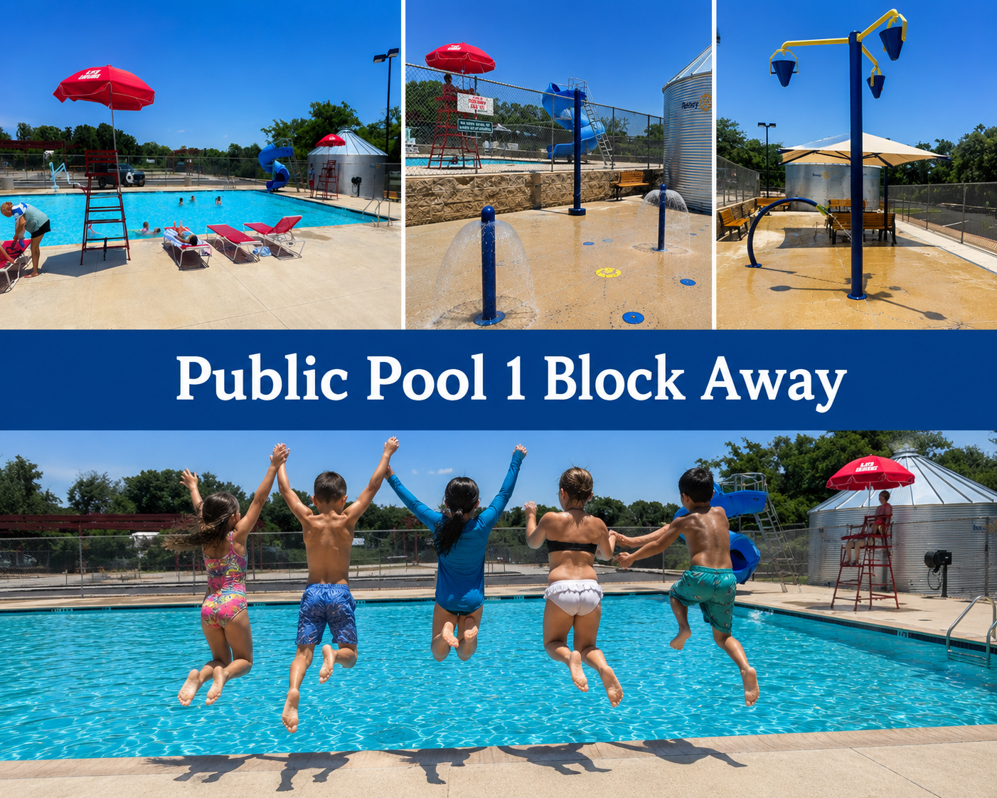 Enjoy a large pool, exciting water slide, shaded splash pad, and plenty of family fun—all just a 1-minute walk from the house.