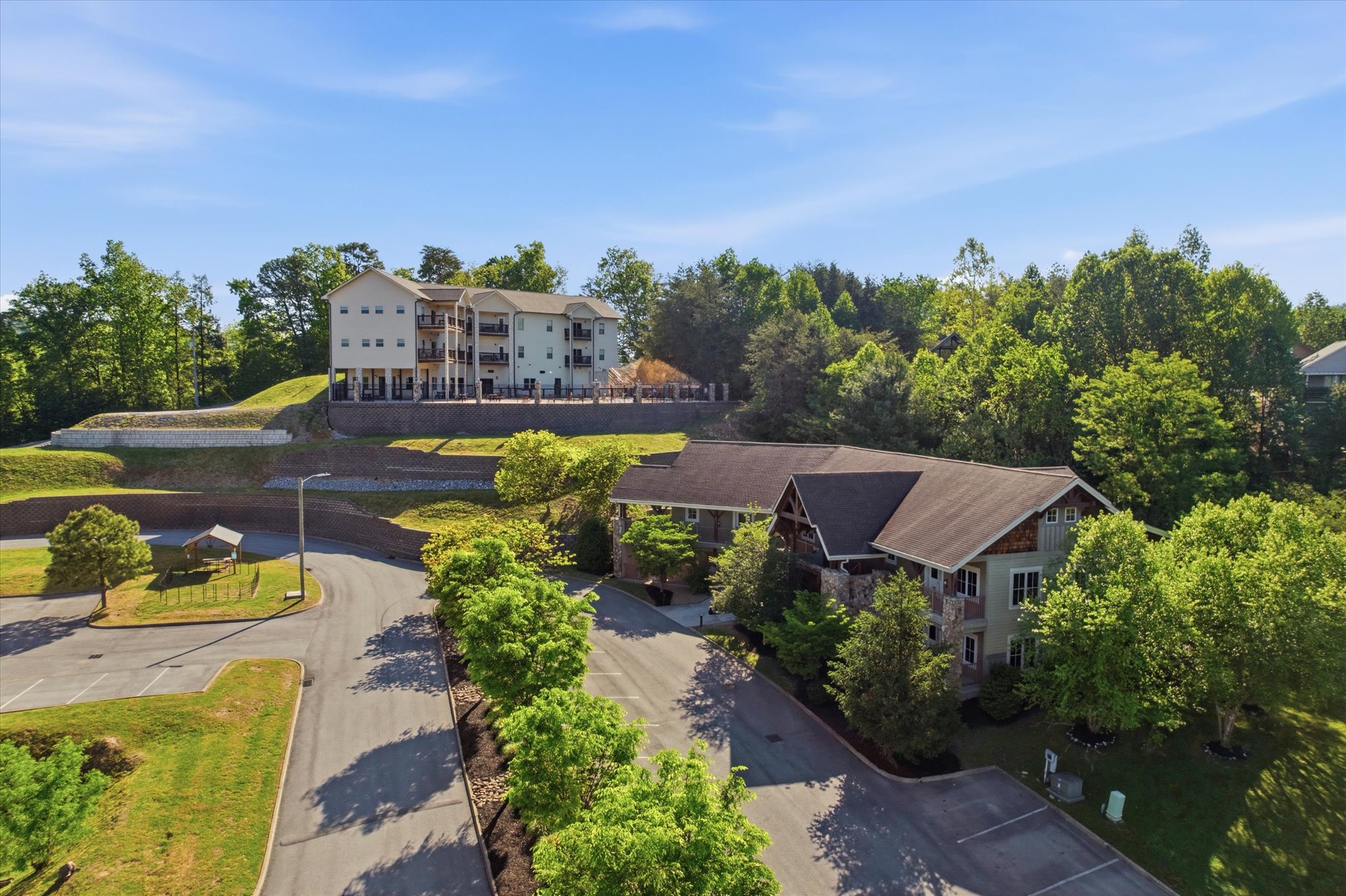 From this vantage point, you can see how Hearthstone Lodge fits into the resort as a whole, surrounded by open space and thoughtfully placed buildings that give the entire property a relaxed, retreat-like feel.