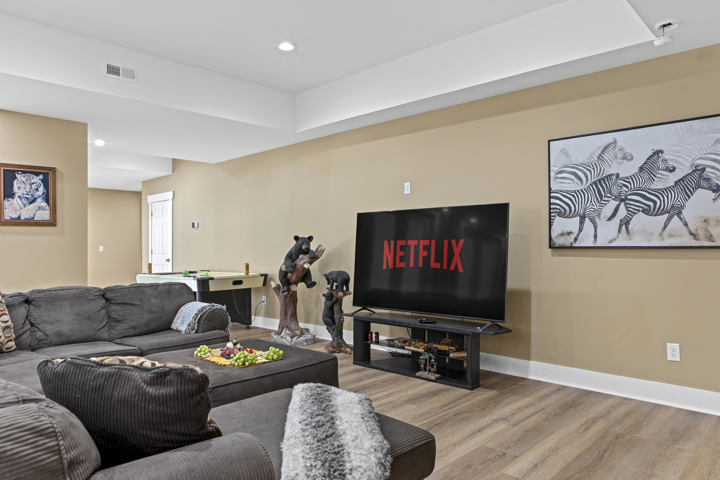 Living Room: Enjoy movie nights on the plush couch with Netflix and snacks at your fingertips!