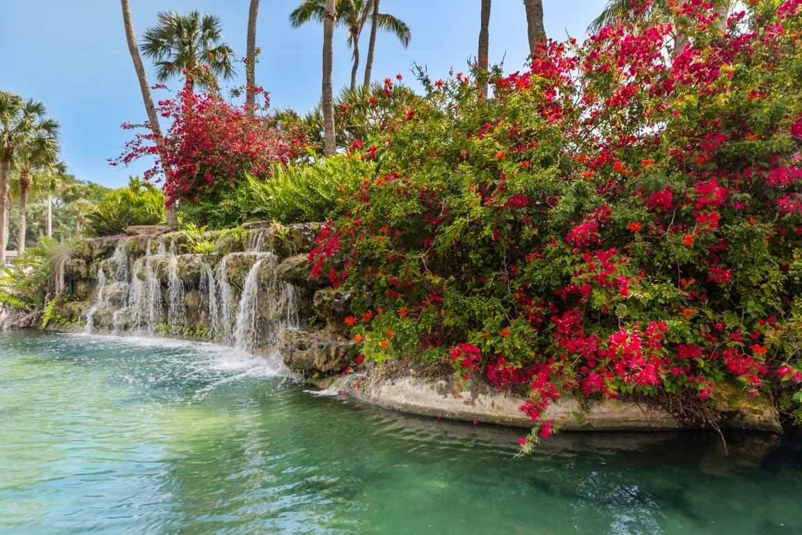 Resort-style waterfall feature surrounded by tropical blooms.