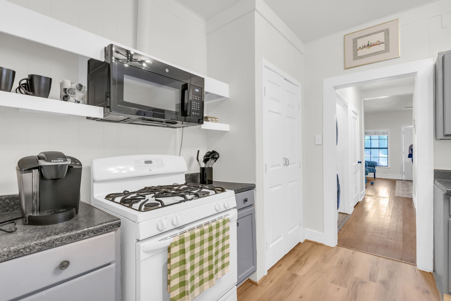 Bright kitchen with ample counter space and storage.