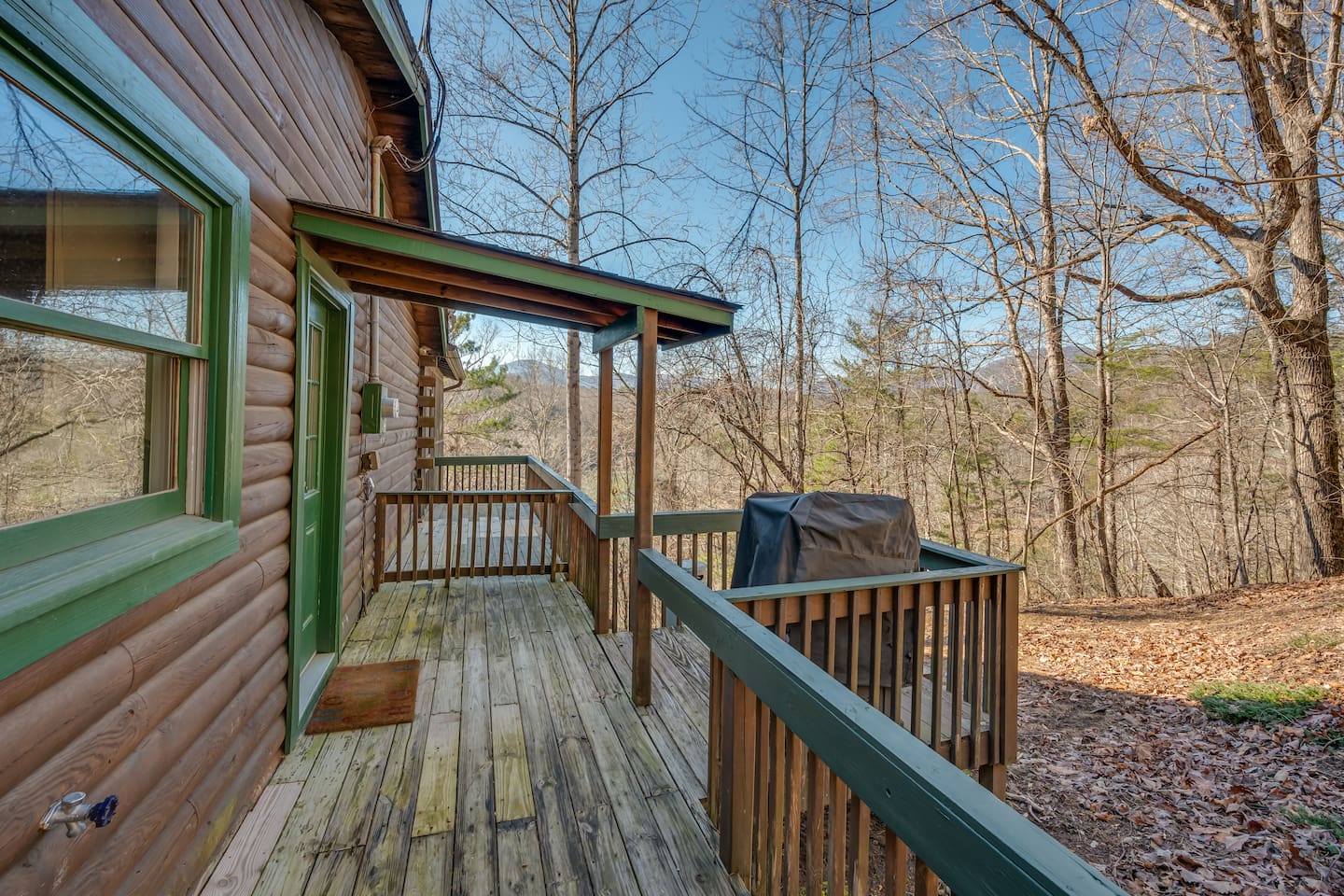 Side deck with bbq pit leading to back door of the cabin and the screened in porch