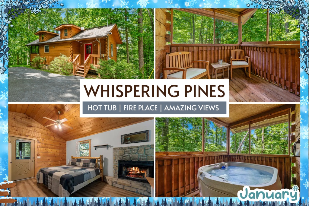Escape to Whispering Pines, a cozy cabin hideaway with a hot tub, warm fireplace, and stunning views—perfect for a quiet, romantic stay.