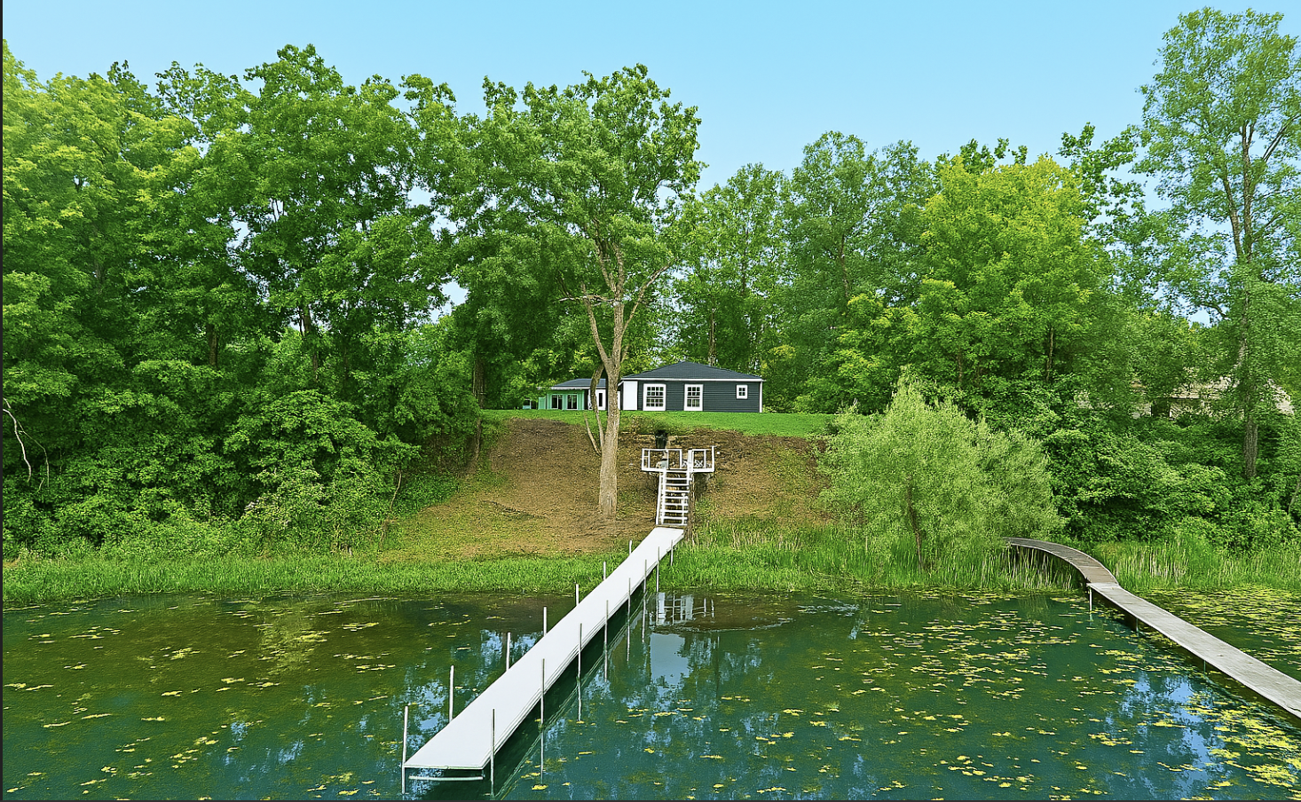 Private dock leads right to your lakeside retreat—seamless access for paddling or relaxing in the view.