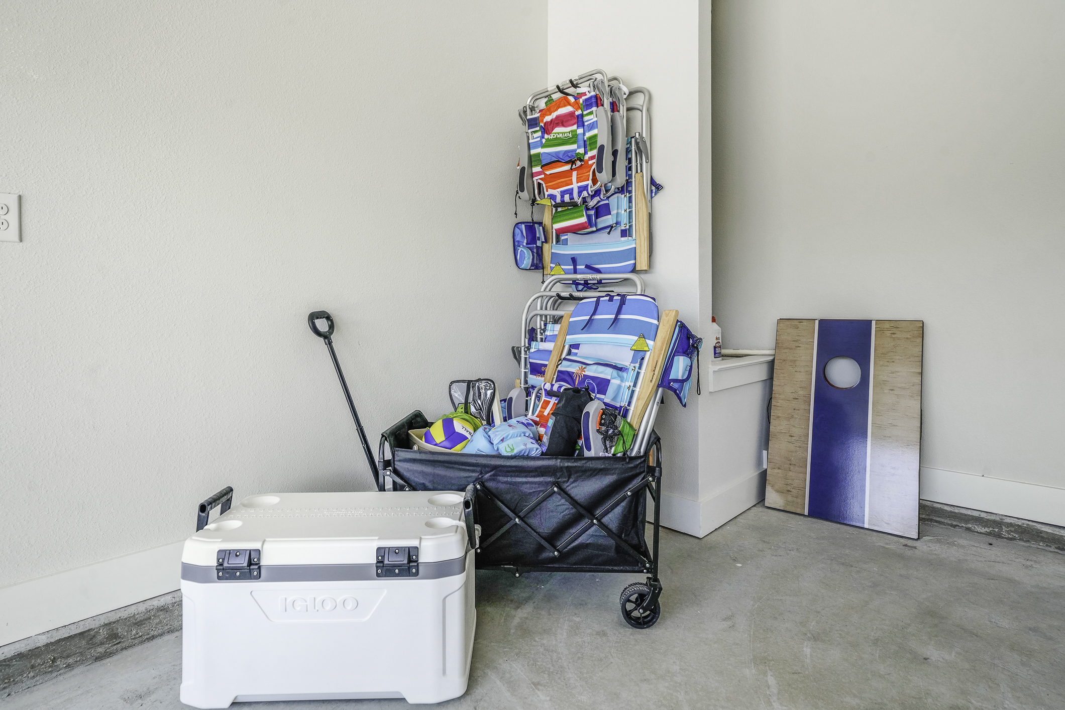 Spacious garage with beach gear