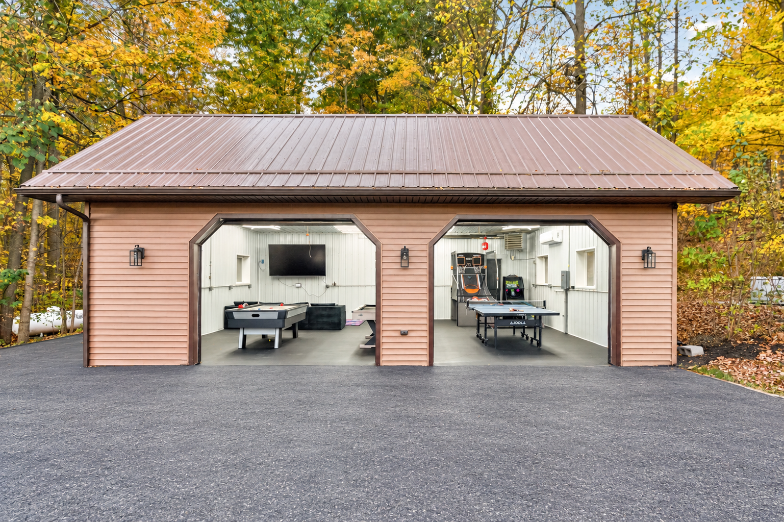 Detached garage turned into a recreation room 