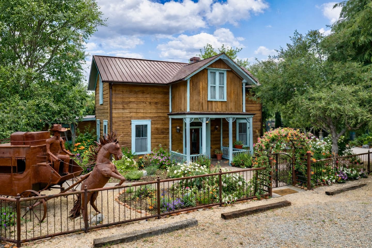 Meet Heritage House — the oldest standing home in Los Alamos. Steps from Bell Street's tasting rooms, restaurants and shops, this artfully restored 1882 treasure offers fully fenced yard, lush courtyards, covered patios, fire pits, BBQs, & outdoor dining.
