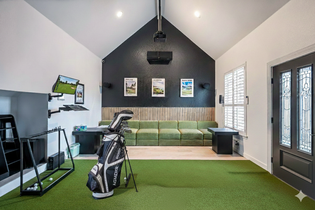 Indoor golf simulator and putting area — enjoy year-round entertainment for all skill levels.