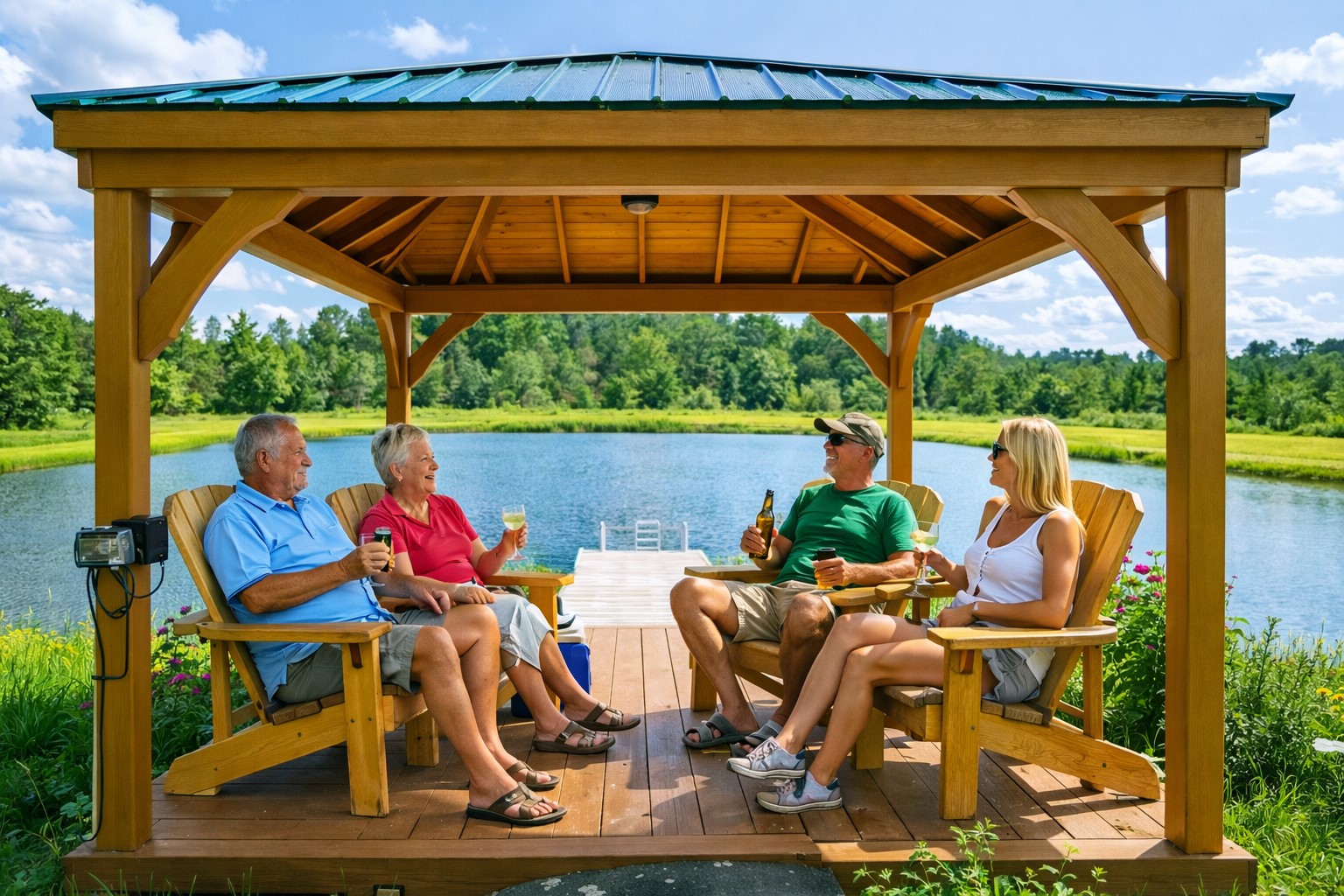 Gather with friends and family beneath a rustic pavilion by the pond, complete with classic Adirondack chairs and picture-perfect views.