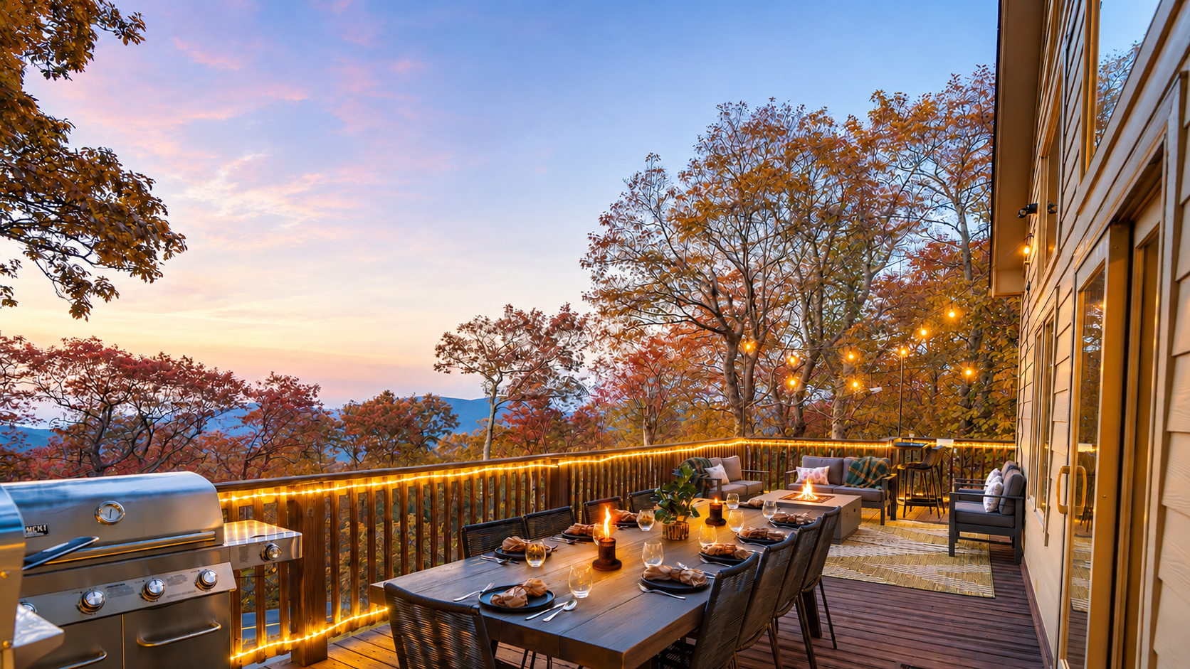 Twilight on the deck — mountains fading in the distance, wine glasses catching the glow of string lights, dinner sizzling on the grill. This is what gathering should feel like