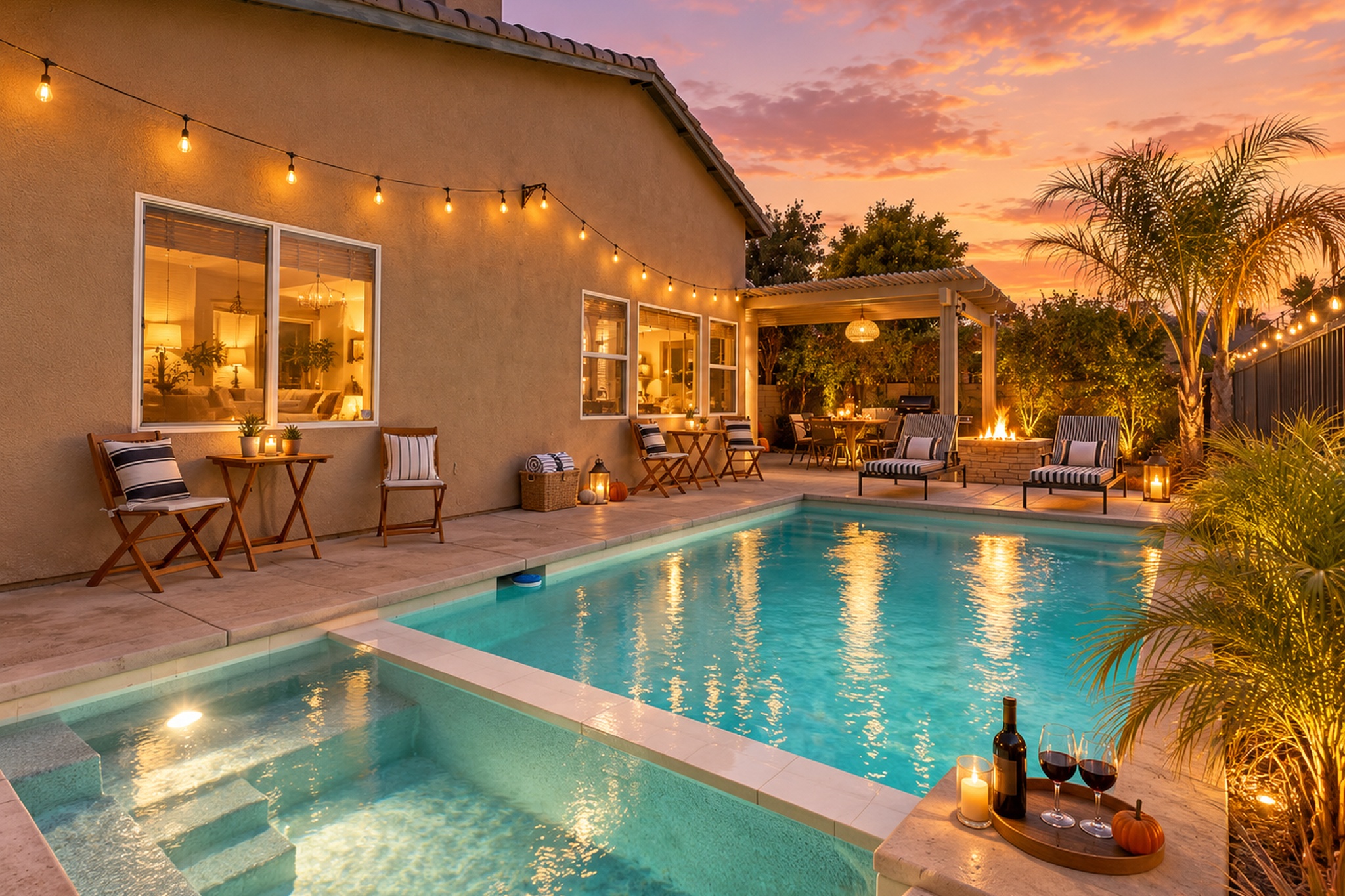 Twilight at The Ocotillo ✨ Unwind by the glowing pool and spa, sip a glass of wine, and enjoy cozy desert evenings by the fire pit under the lights.