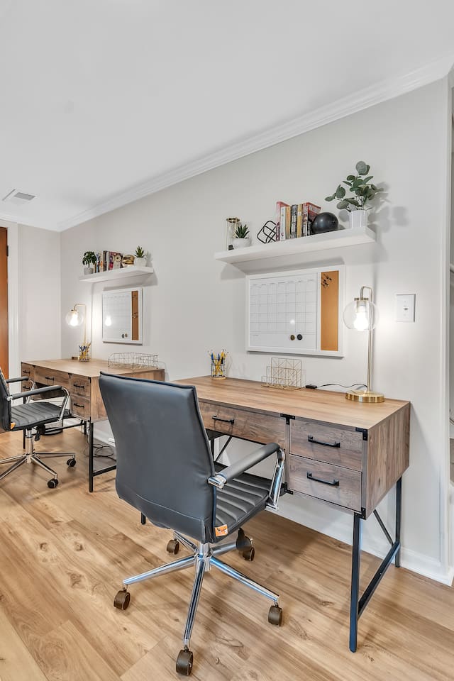 Need to attend to work? Feel free to set up your laptop with two work desks in the designated office space.