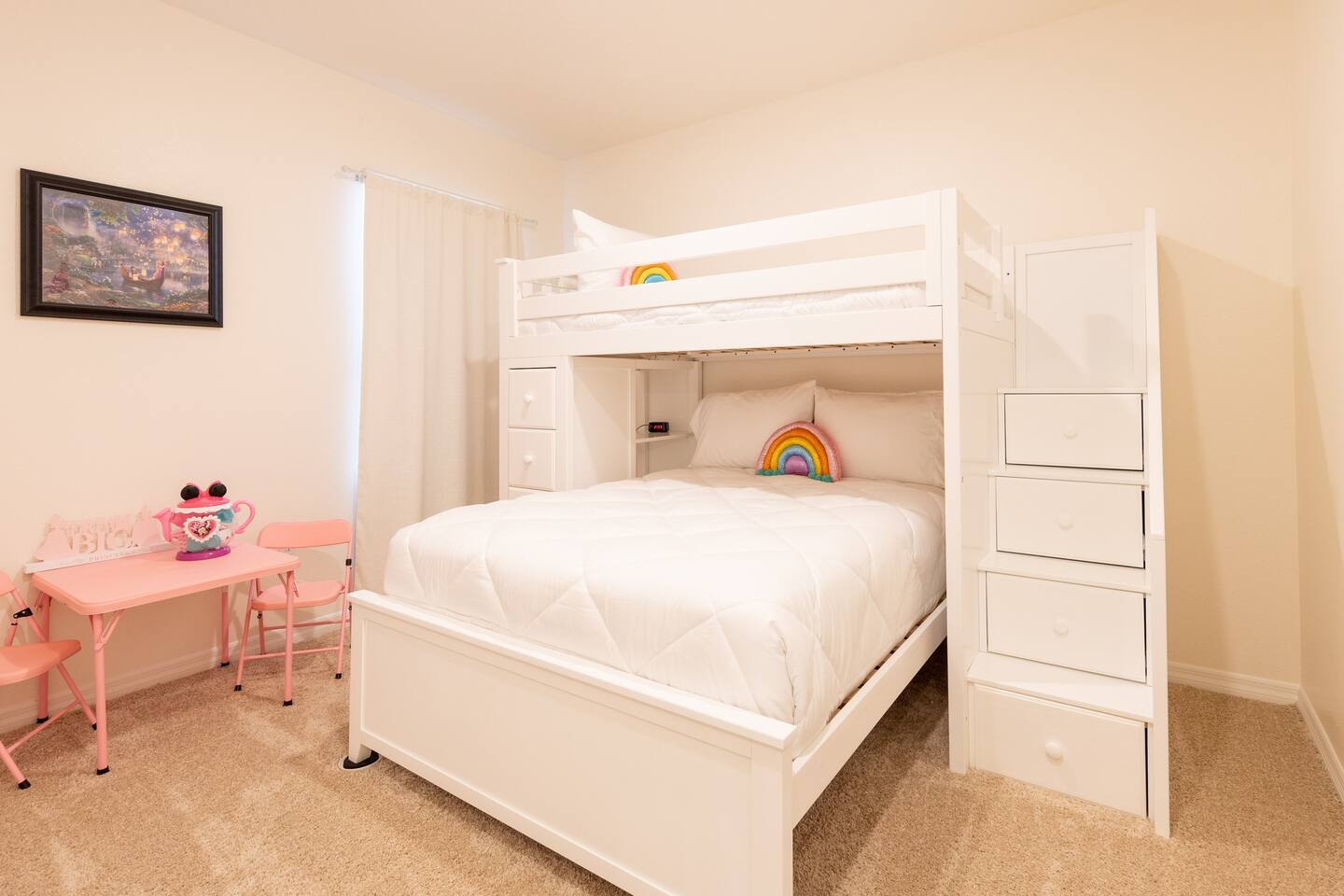 Upstairs Princess Themed Girl's Room with Twin Bunk Bed,  Lower Double Bed and Tea Party Table Set. Luggage rack & laundry basket in closet.