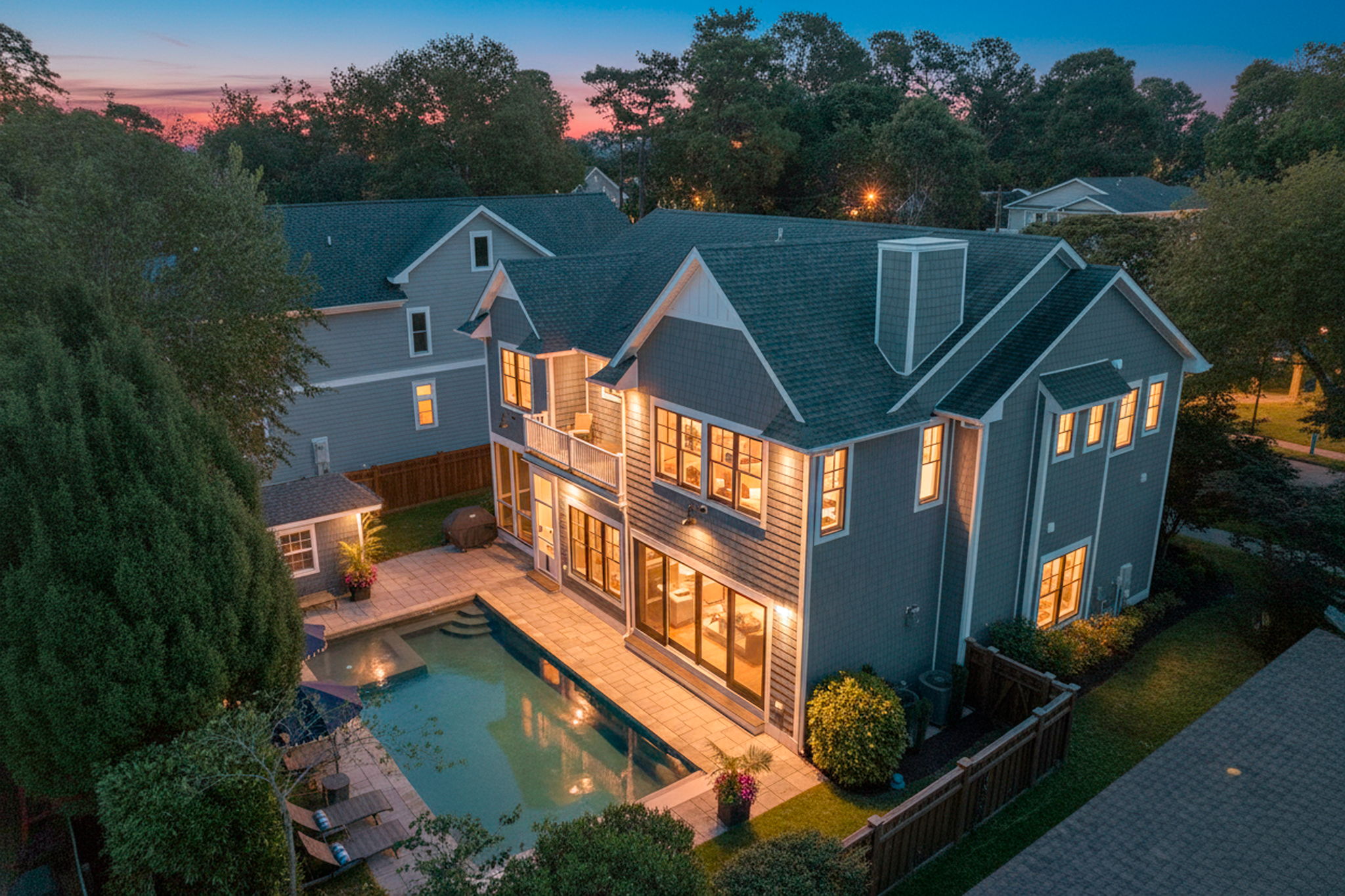 Blue Laurel's heated pool at sunset