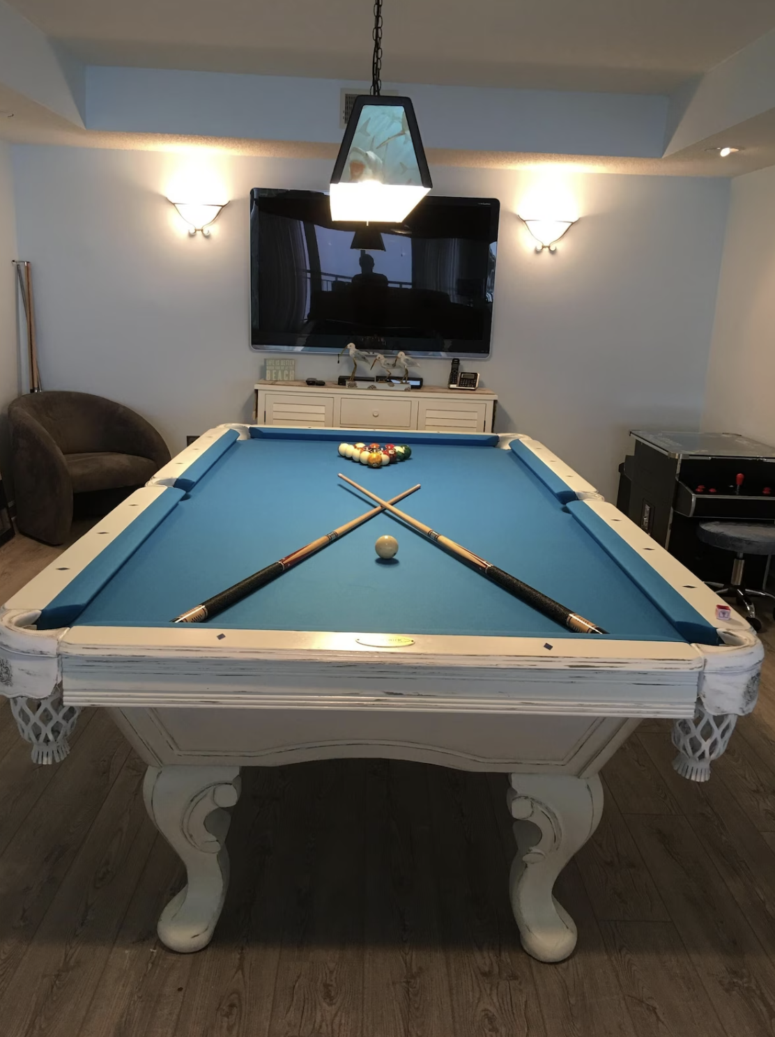 The large game room television overlooking billiards table