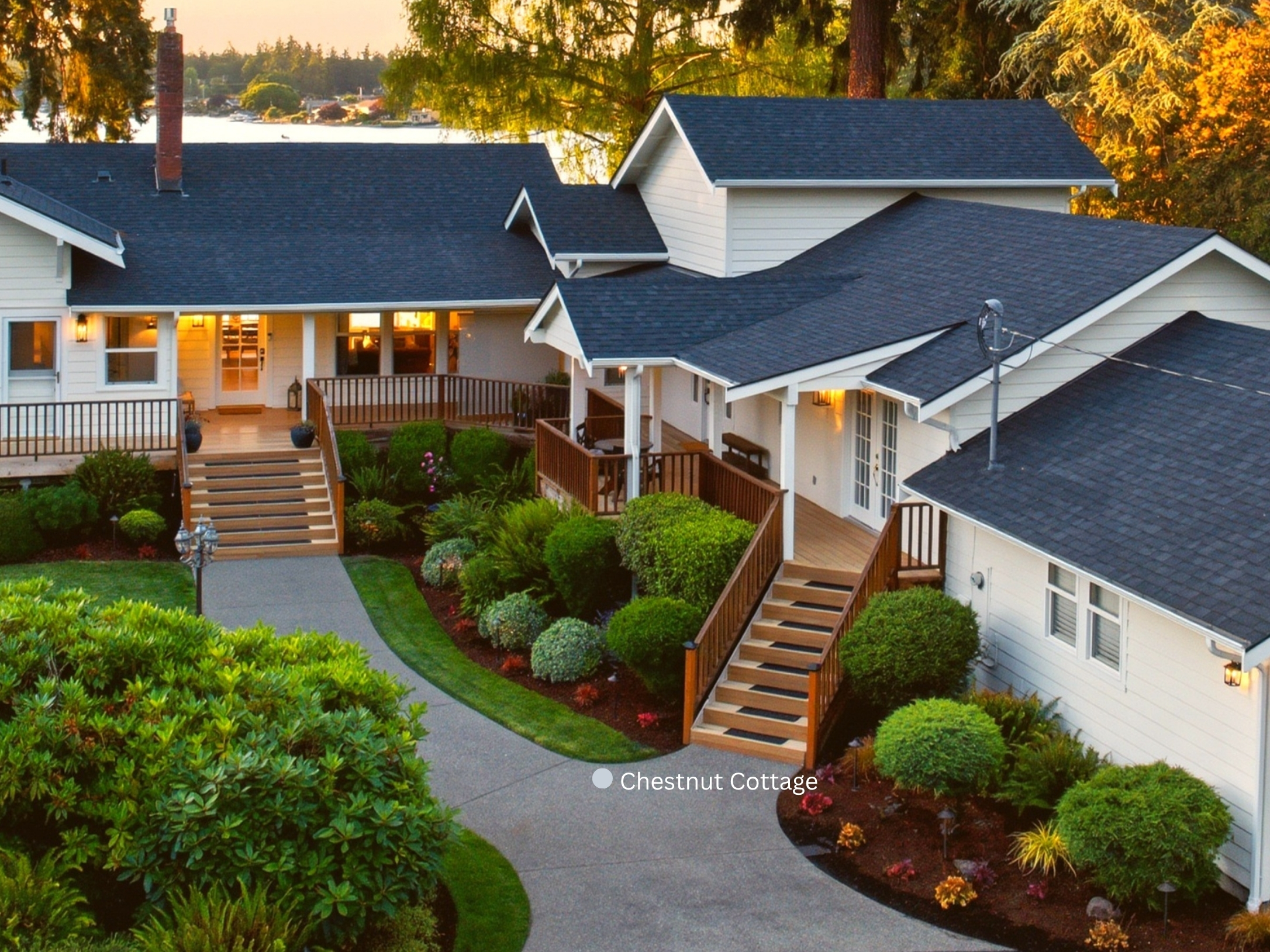 Chestnut Cottage is the right-hand residence, with its own staircase, private entrance + front/back deck. Chestnut is attached along only an eight-foot section between both living rooms, with three separate walls between them for enhanced sound mitigation.