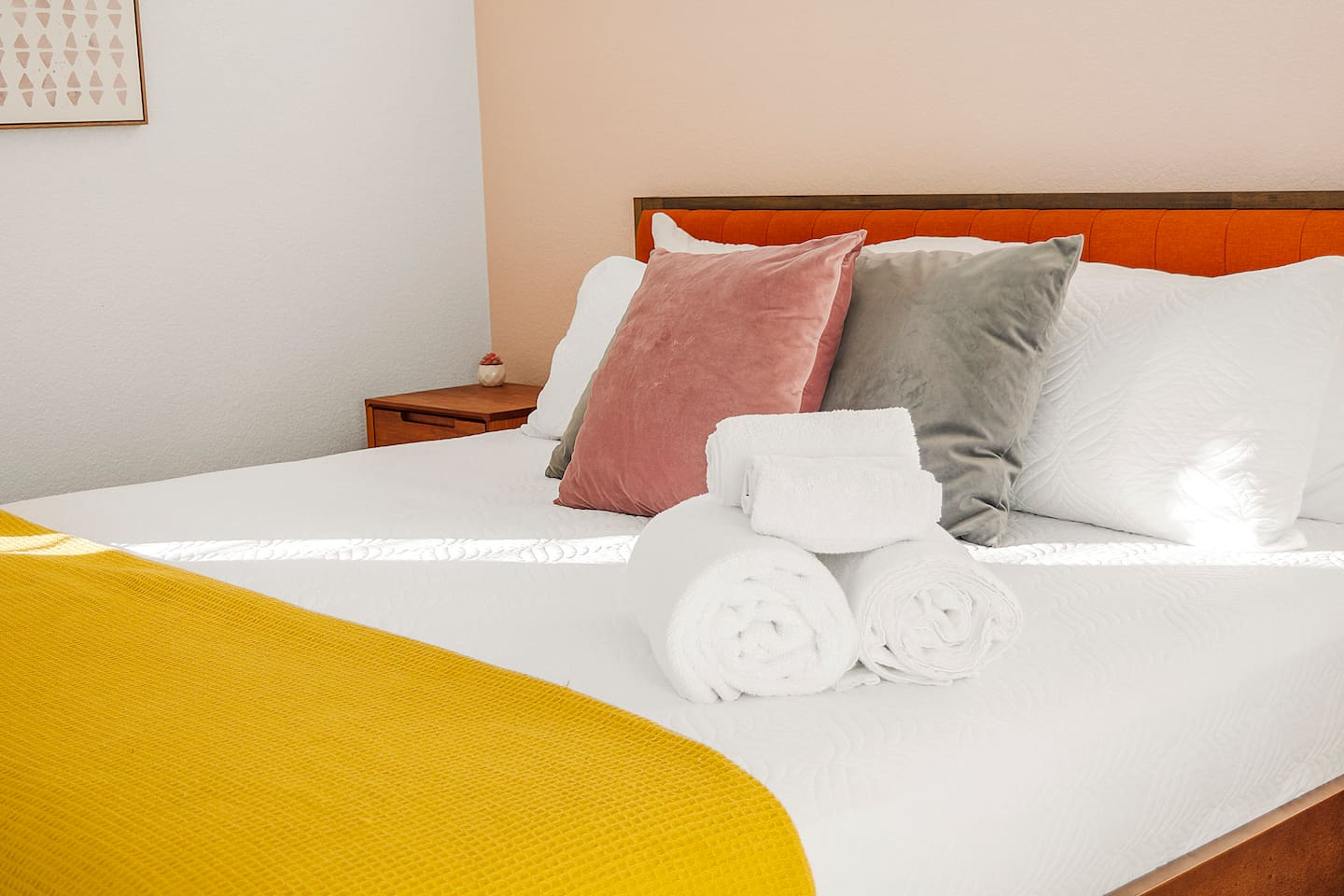 King size bed in main room, helix hospitality mattresses.