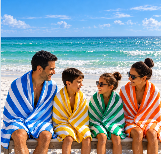 Large, soft beach towels provided for your stay. AI-created beach lifestyle image; the home is not beachfront.