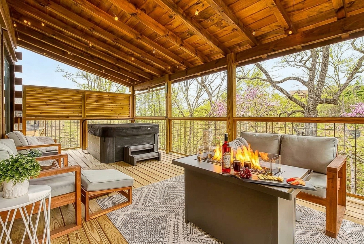 Settle into this dreamy covered deck—complete with comfy seating, string lights