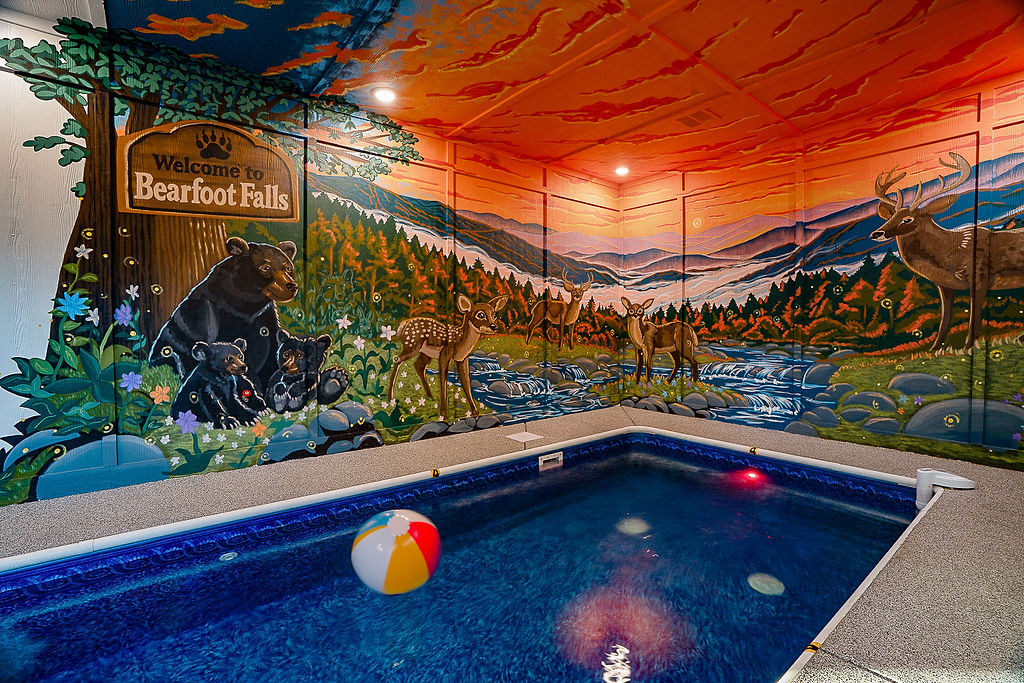 Experience one of the most unique pool rooms of any place your have EVER stayed!  Custom mural commissioned by local Gatlinburg artists and WOW did they show out!