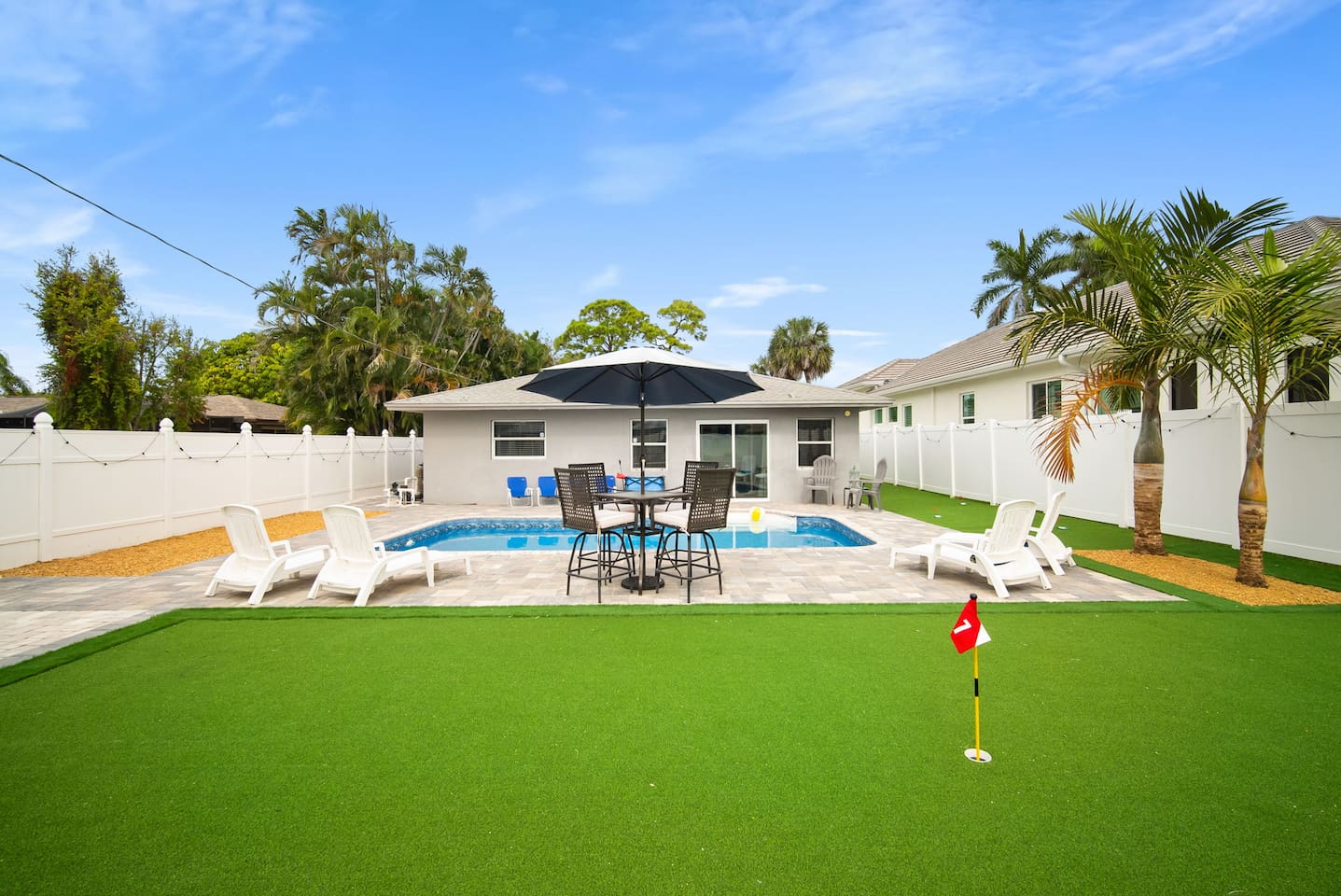 Pool in the backyard featuring a putting green