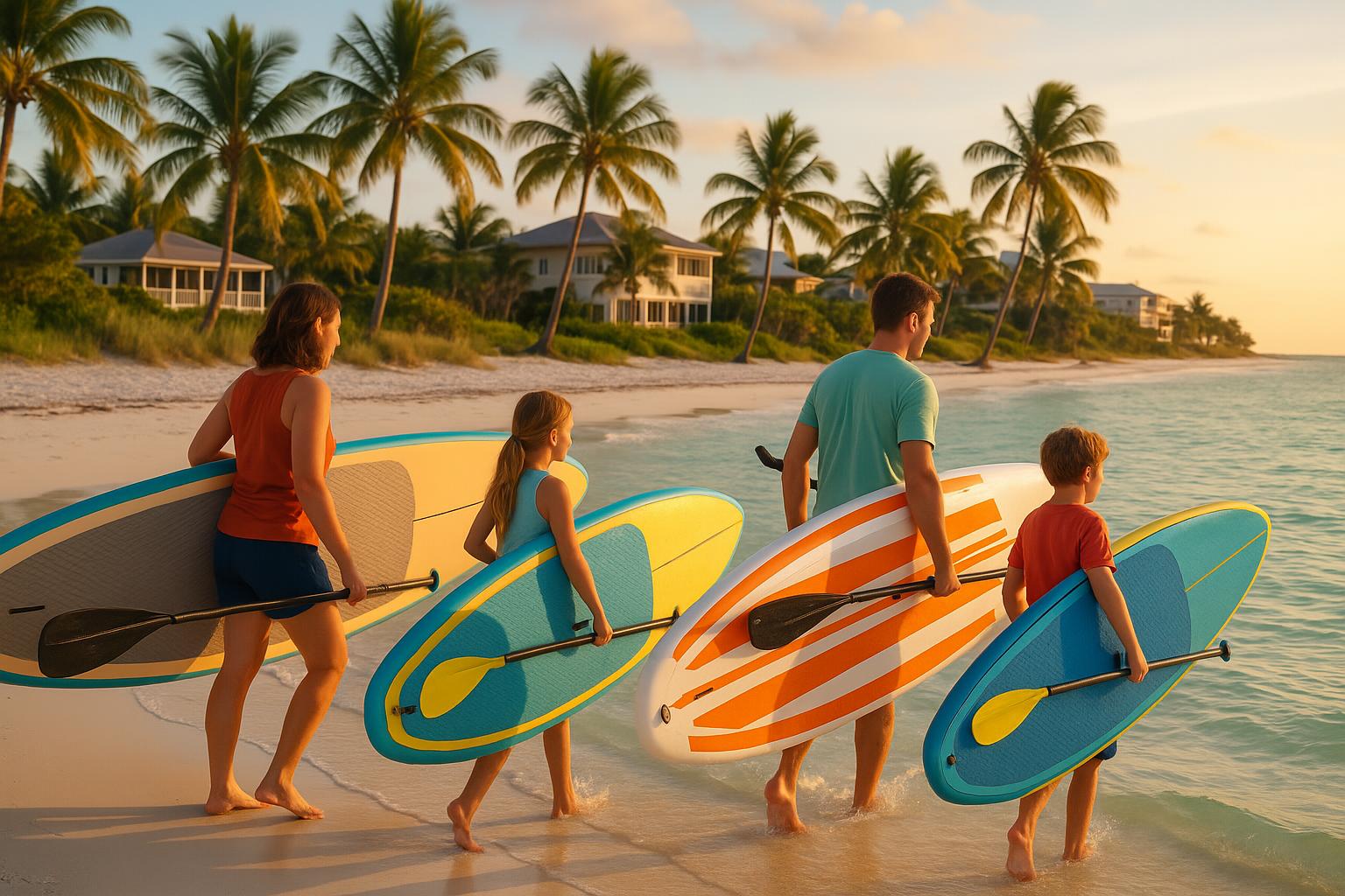 Adults and kids launching paddle boards from beach
