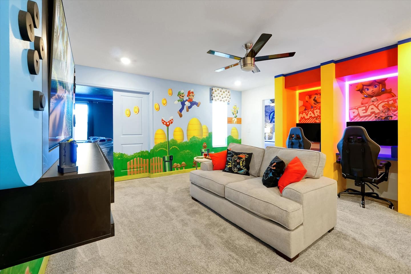 Not enough gaming in the game room, enjoy our 3 Nintendo Switch game stations in the loft. All 3 come with Mario Kart, Super Smash Bros, Mario Party and classic NES/SNES titles.