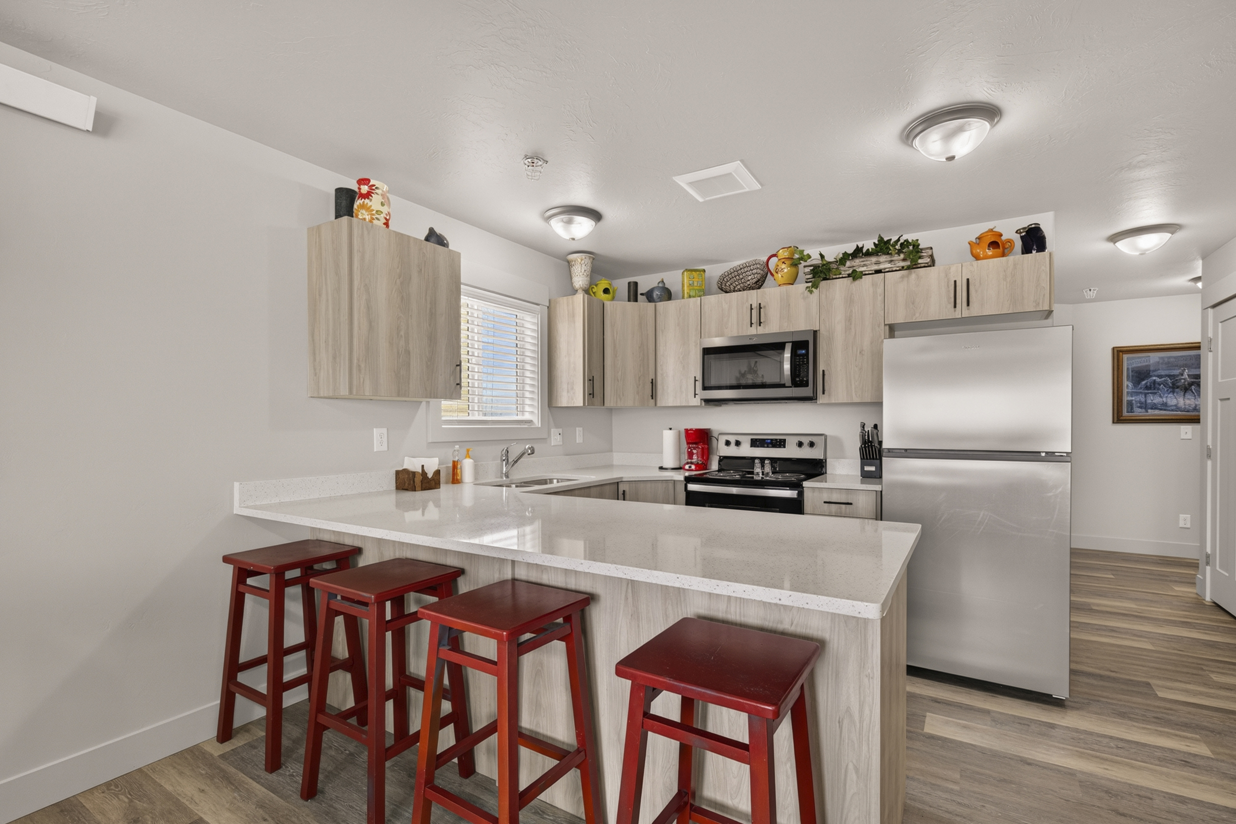 Kitchen and bar seating.
