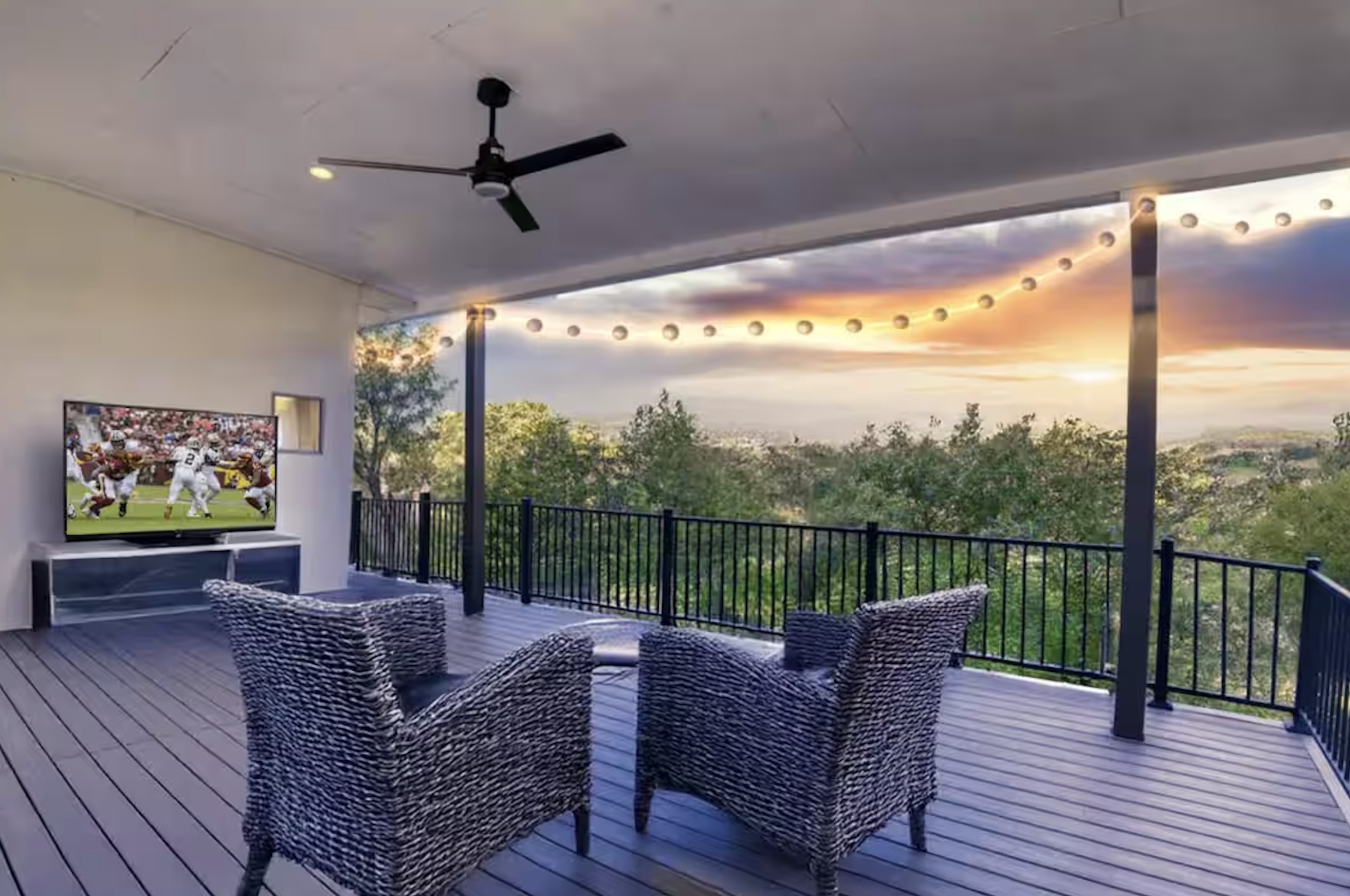 watch game at patio with lake view, TV